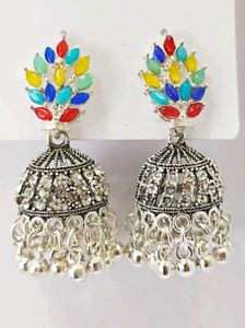 Jhumka Earrings with Colorful Stones