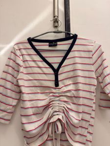 Striped Ruched Drawstring Top