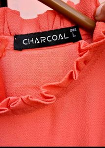 Elegant Coral Dress with Pleated Sleeves