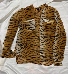 Chic Tiger Print Sheer Button-Up Top