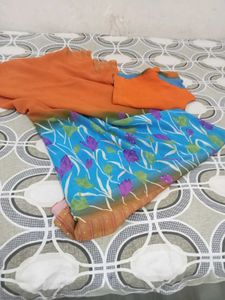 Vibrant Orange &amp; Blue Floral Saree