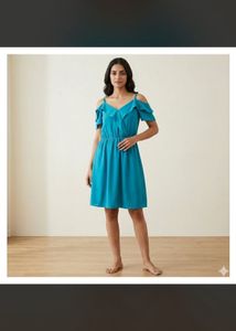 Teal Cold Shoulder Ruffle Dress