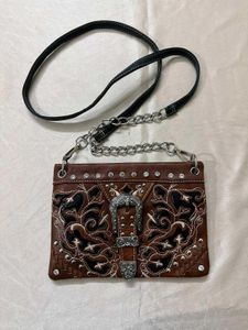 Western Style Embellished Brown Crossbody Bag