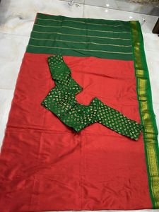 Elegant Silk Saree with zari border 💚 blouse