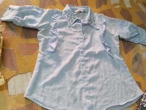 Blue Ruffled Button-Up Shirt
