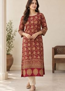 BIBA Maroon Printed Straight Kurta | Size 32/S