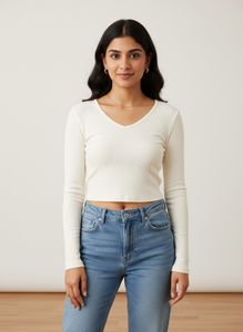 S- White,offwhite,Cream Long Sleeve Crop Top