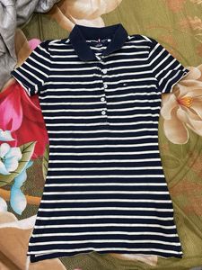 Women’s Navy Blue & White Striped Polo T-Shirt –