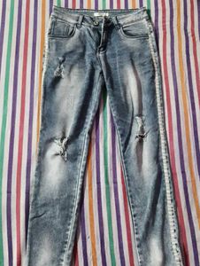 Distressed Wash Jeans with Side Stripe
