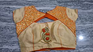 Beige &amp; Orange Embroidered Blouse