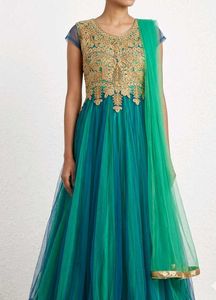 Elegant flared teal blue and green embroidery gown