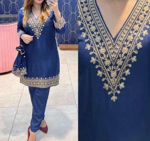 Embroidered Royal Blue Kurti Set with potli