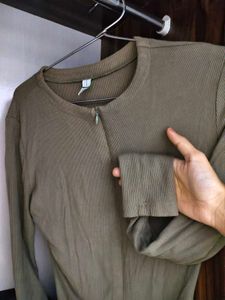 Olive Green Long Sleeve Zip bodysuit top