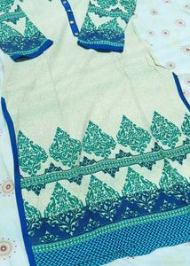 Stylish Cream Kurta with Blue &amp; Green Print