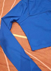 Blue Square Neck Long Sleeves Slim Fit Crop Tee