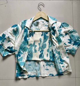 Floral Print Crop Top &amp; Shirt Set
