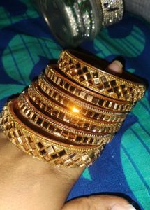 Set of Golden Bangles with Mirror Work