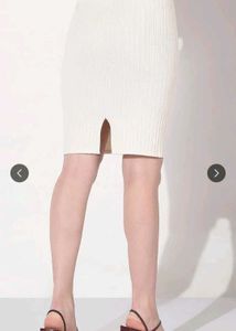 Cream Ribbed Knit Pencil Skirt