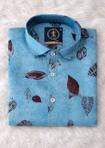 Men's Blue Leaf Print Casual Shirt
