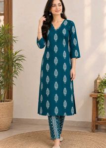 Teal Leaf Print Kurta Set