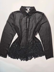 Elegant Black Beaded Sheer Blouse