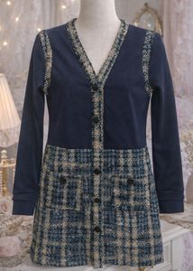 Korean Tweed Trimmed Navy Dress
