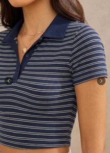 Women's Navy Blue Striped Ribbed Polo Crop Top