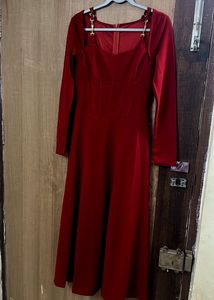 Elegant Red Long Sleeve Midi Dress