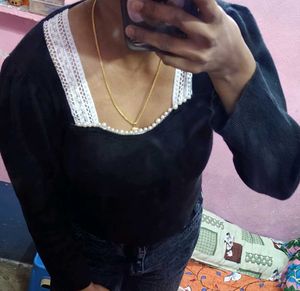 Black Long Sleeve Pearl Trim Top