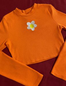 Orange Long Sleeve Cropped Top with Flower Appliqu