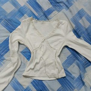 Chic White Lace Trim Long Sleeve Top