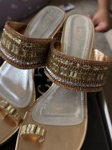 Inc 5 : Embellished Rose Gold Flat Sandals with bo