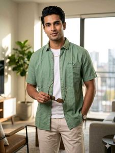 Green Short Sleeve Button-Up Shirt