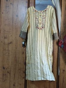 Yellow Striped Kurta with Embroidery