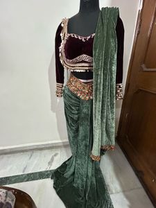 Elegant Green Velvet drape saree