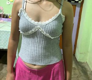 Grey Ribbed Lace Trim Cami Top