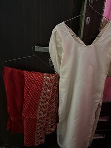 Elegant Cream Kurta Set with Red Dupatta