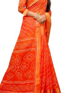 Floral Print Bandhani Cotton Blend Saree(Orange)