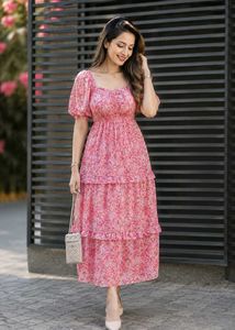 Pink Floral Tiered Maxi Dress