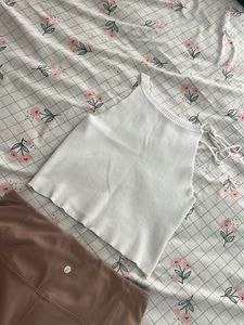White Knit Tank Top with Tie Straps