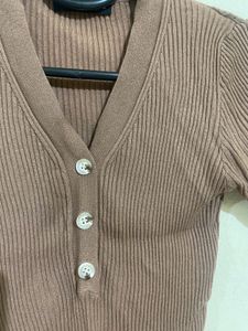 Brown Ribbed Button-Up Crop Top