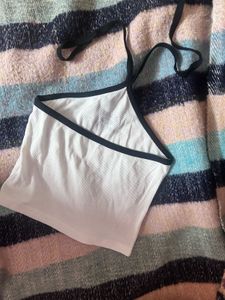 White Graphic Halter Neck Crop Top