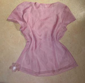 Pink Sheer Organza Top with Pearl Neckline | Size