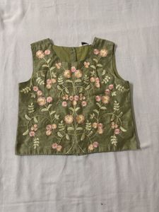Olive Embroidered Silk Blouse/ Top