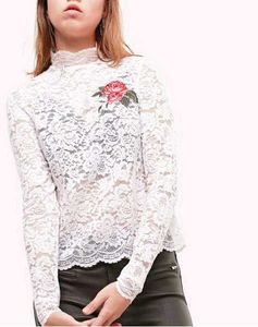 Lace Rose Embroidered Mock Neck Top