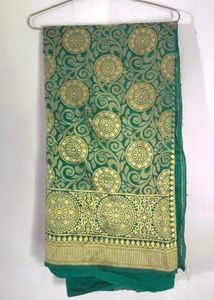 dark green shalu Saree with Gold Patterned Sare