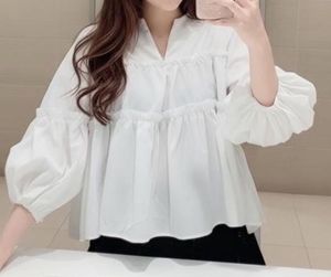 White Tiered V-Neck balloon sleeve