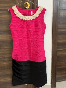 Innocence Pink Black Pearl Neck Bodycon Dress
