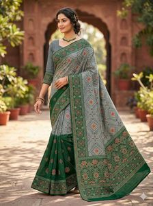 Elegant Grey &amp; Green Saree