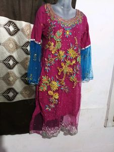 beautiful dark pink and blue kurti with duppatta a